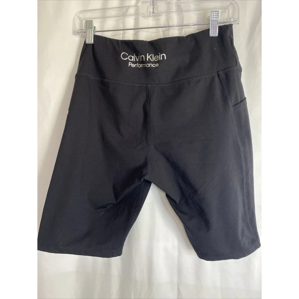 Calvin Klein Performance Womens Black Logo Biker Shorts High Waist Side Pocket L